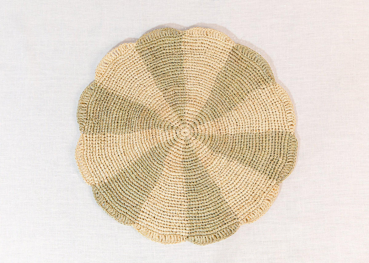 Pinwheel Olive Placemat, raffia tabletop