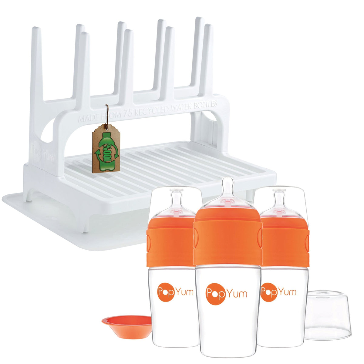 PopYum 9 oz Orange Formula Making Baby Bottle 3 - Pk with White Drying Rack & Clear Drying Mat Bundle - Shop Avnu