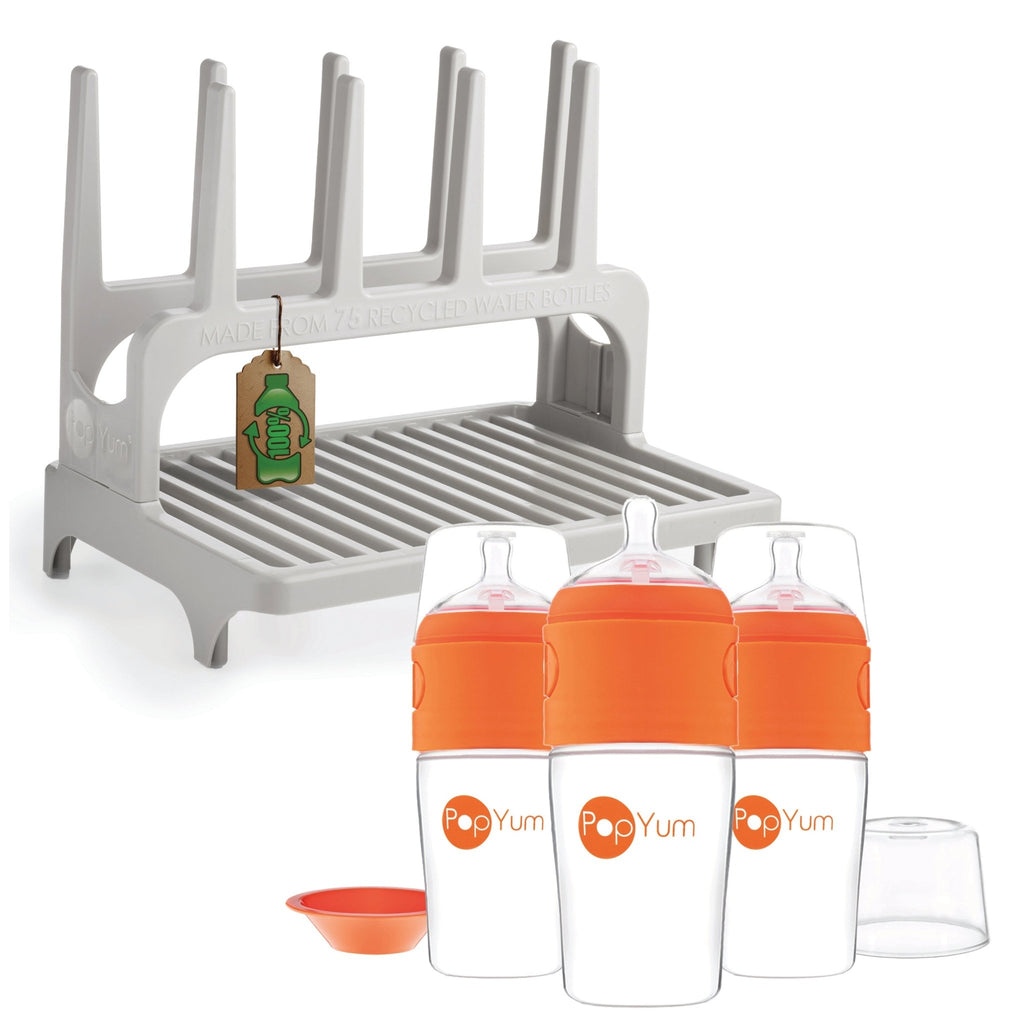 PopYum 9 oz Orange Formula Making Baby Bottle 3 - Pack with Gray Drying Rack Bundle - Shop Avnu