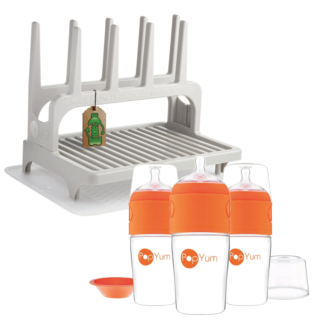 PopYum 9 oz Orange Formula Making Baby Bottle 3 - Pk with Gray Drying Rack & Clear Drying Mat Bundle - Shop Avnu