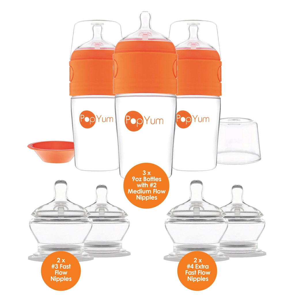 PopYum Orange 7 Piece Bundle: 9oz Bottle 3 - Pack + 2 Nipple 2 - Packs - Shop Avnu