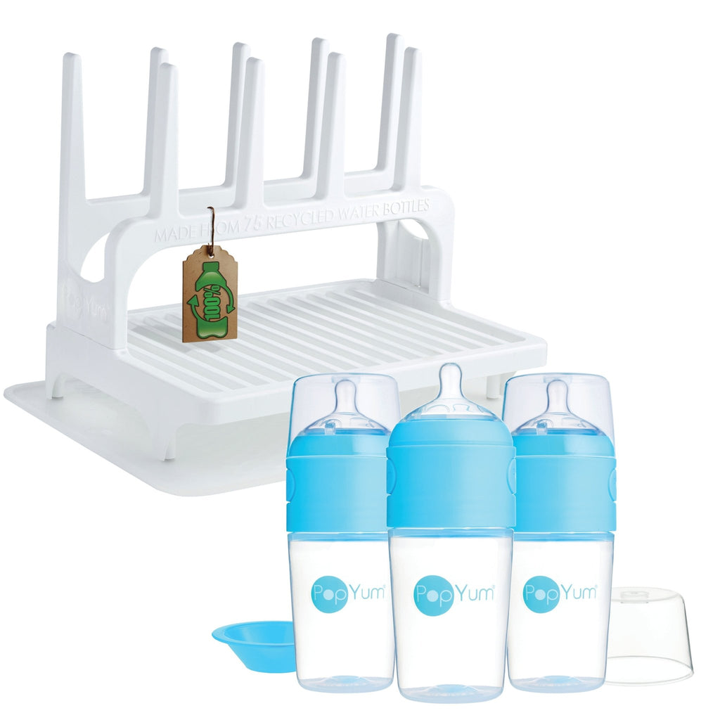 PopYum 9 oz Blue Formula Making Baby Bottle 3 - Pk with White Drying Rack & Clear Drying Mat Bundle - Shop Avnu