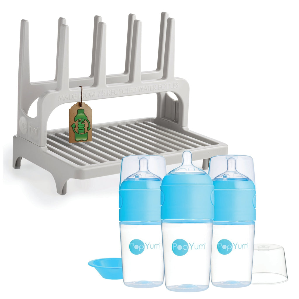 PopYum 9 oz Blue Formula Making Baby Bottle 3 - Pack with Gray Drying Rack Bundle - Shop Avnu