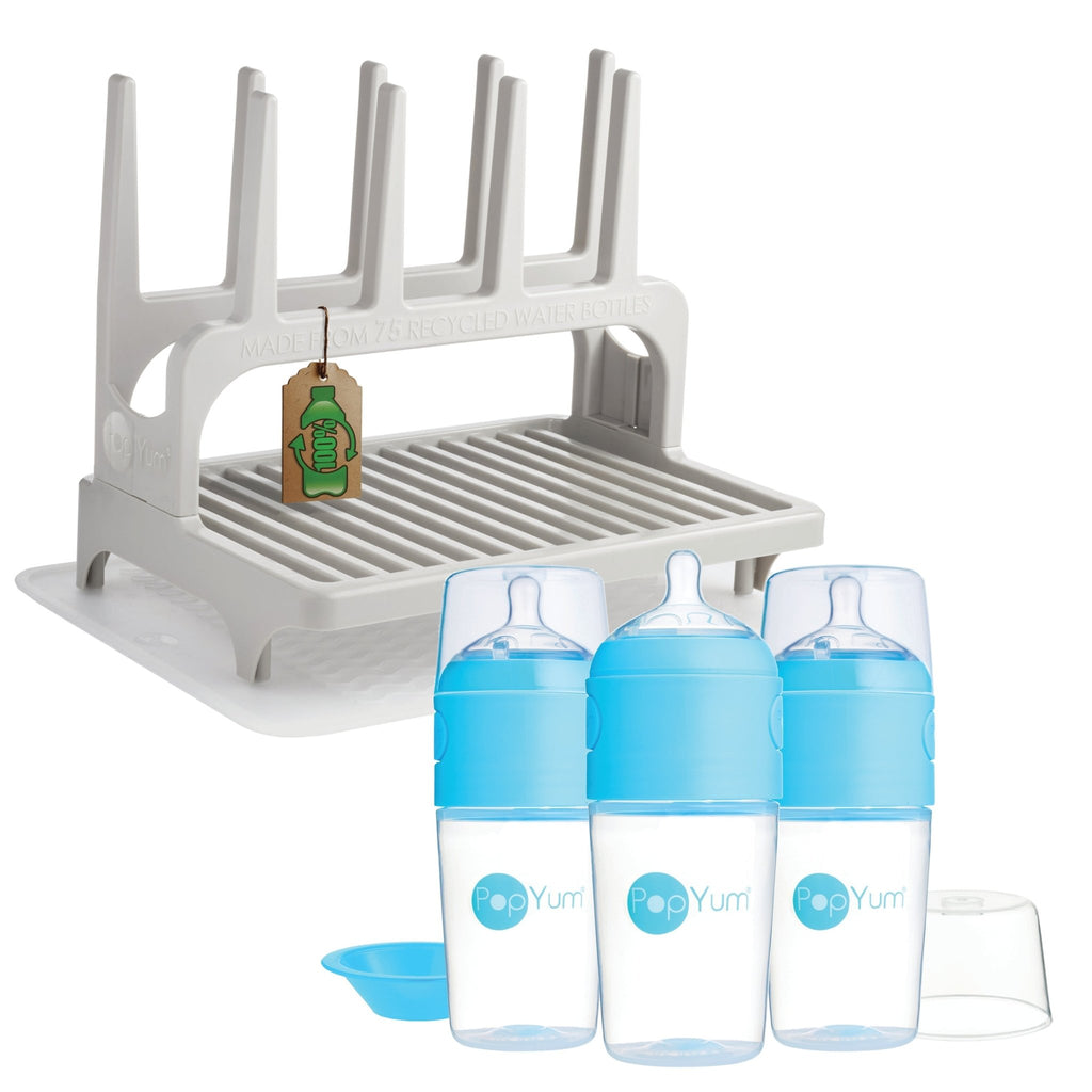 PopYum 9 oz Blue Formula Making Baby Bottle 3 - Pk with Gray Drying Rack & Clear Drying Mat Bundle - Shop Avnu