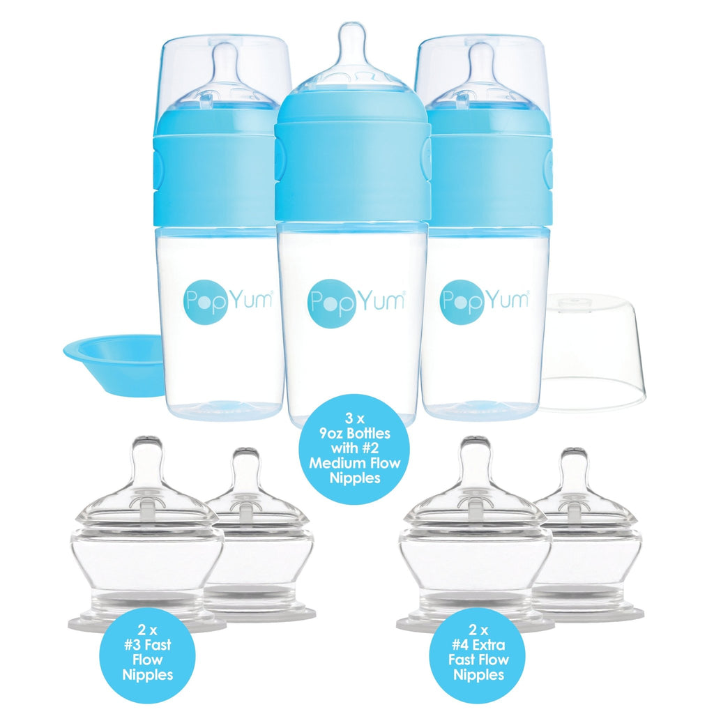 PopYum Blue 7 Piece Bundle: 9oz Bottle 3 - Pack + 2 Nipple 2 - Packs - Shop Avnu