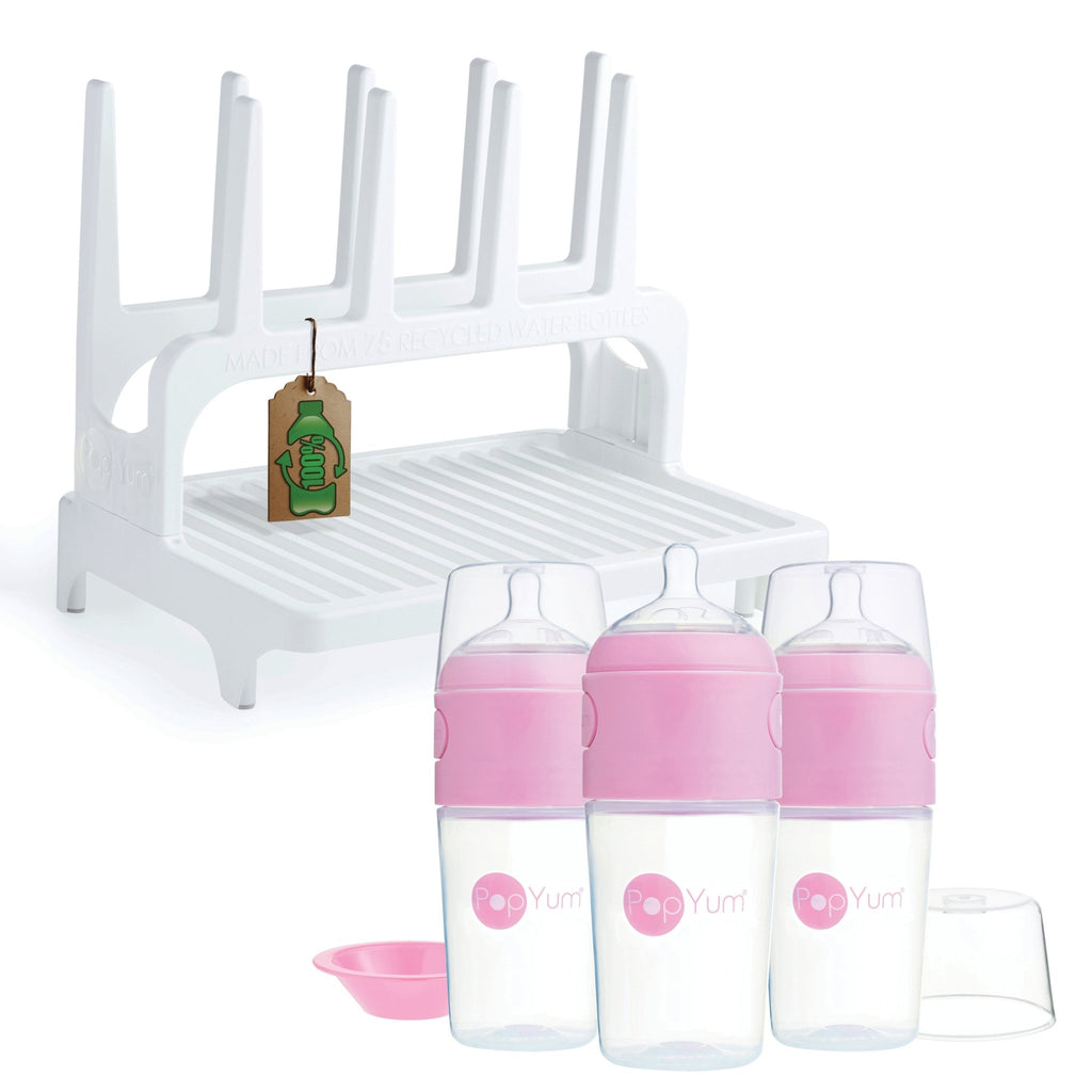 PopYum 9 oz Pink Formula Making Baby Bottle 3 - Pack with White Drying Rack Bundle - Shop Avnu