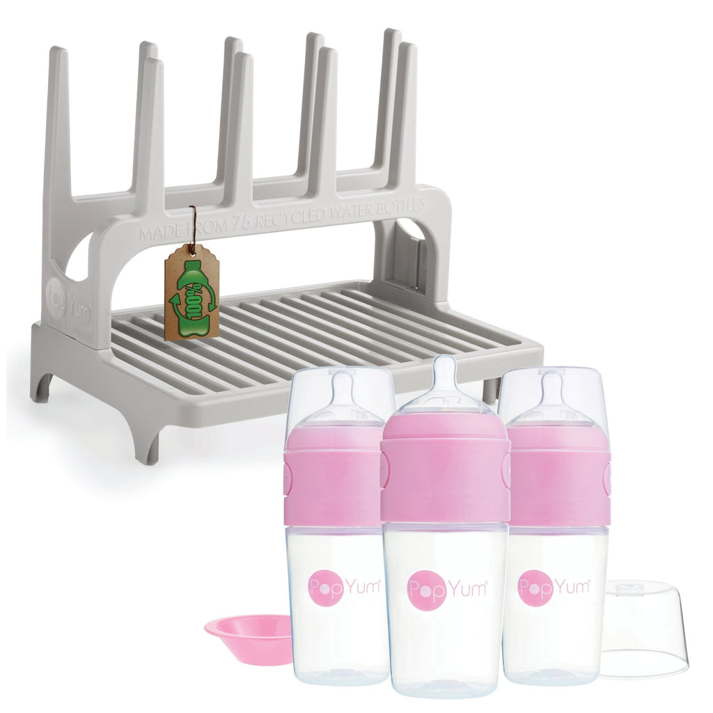 PopYum 9 oz Pink Formula Making Baby Bottle 3 - Pack with Gray Drying Rack Bundle - Shop Avnu