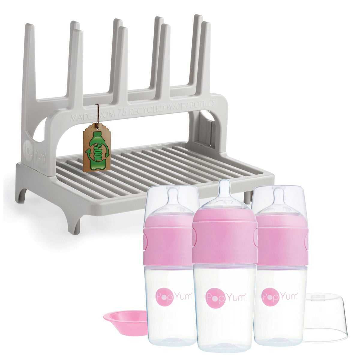 PopYum 9 oz Pink Formula Making Baby Bottle 3 - Pack with Gray Drying Rack Bundle - Shop Avnu