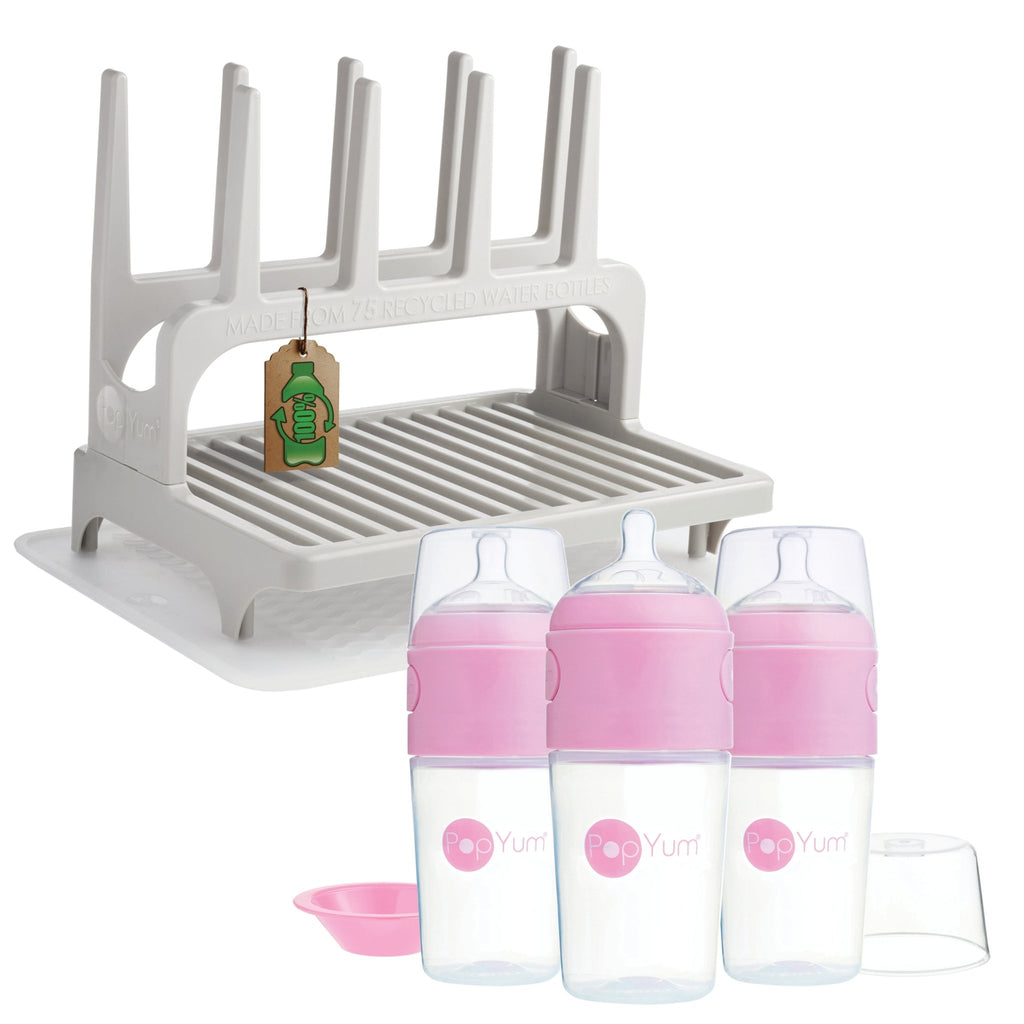 PopYum 9 oz Pink Formula Making Baby Bottle 3 - Pk with Gray Drying Rack & Clear Drying Mat Bundle - Shop Avnu