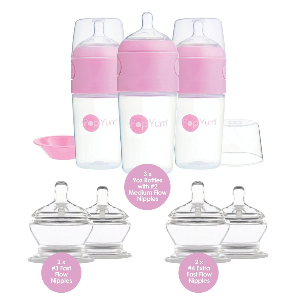PopYum Pink 7 Piece Bundle: 9oz Bottle 3 - Pack + 2 Nipple 2 - Packs - Shop Avnu