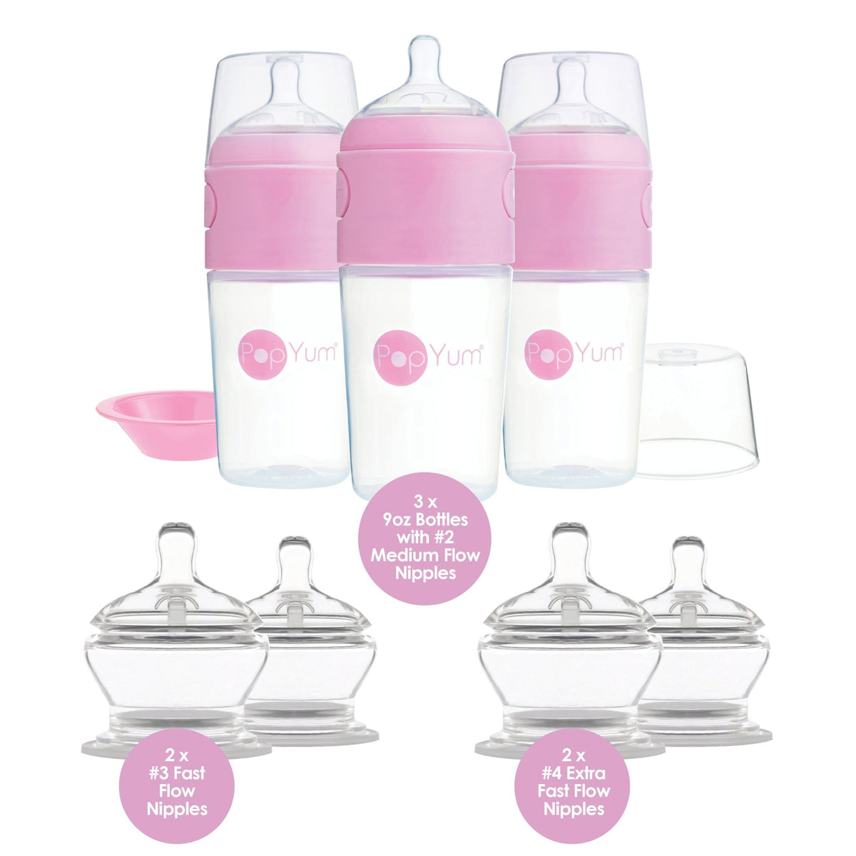 PopYum Pink 7 Piece Bundle: 9oz Bottle 3 - Pack + 2 Nipple 2 - Packs - Shop Avnu
