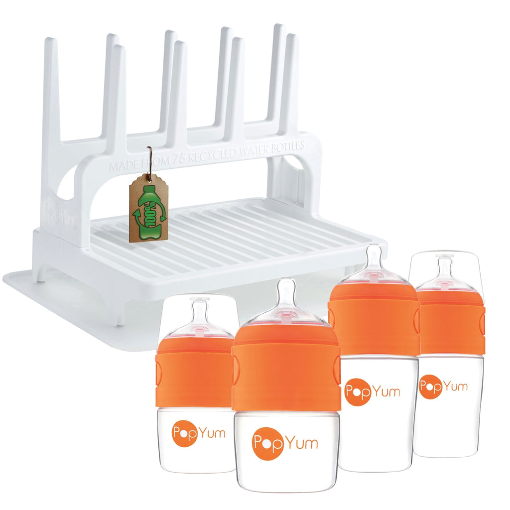 PopYum Orange Baby Bottle 4 - Pack Set with White Drying Rack & Clear Drying Mat Bundle - Shop Avnu