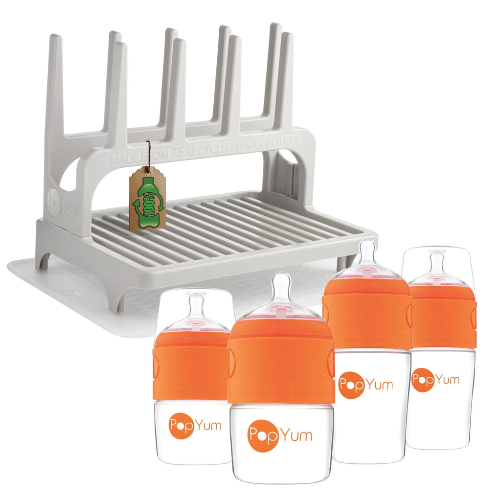 PopYum Orange Baby Bottle 4 - Pack Set with Gray Drying Rack & Clear Drying Mat Bundle - Shop Avnu