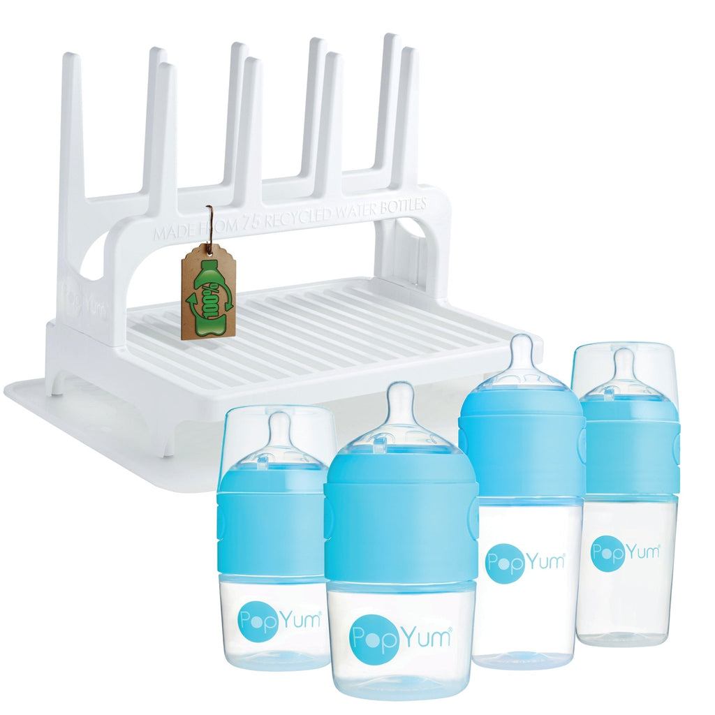 PopYum Blue Baby Bottle 4 - Pack Set with White Drying Rack & Clear Drying Mat Bundle - Shop Avnu