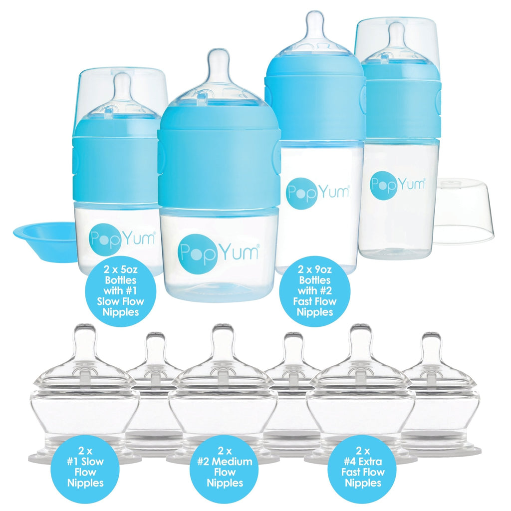 PopYum Blue 10 Piece Bundle: Bottle Set + 3 Nipple 2 - Packs - Shop Avnu