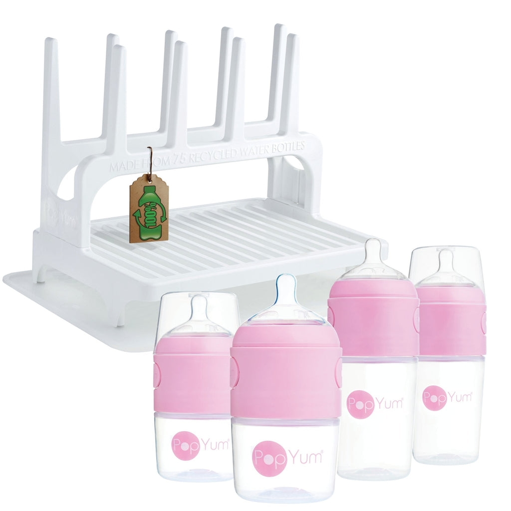 PopYum Pink Baby Bottle 4 - Pack Set with White Drying Rack & Clear Drying Mat Bundle - Shop Avnu