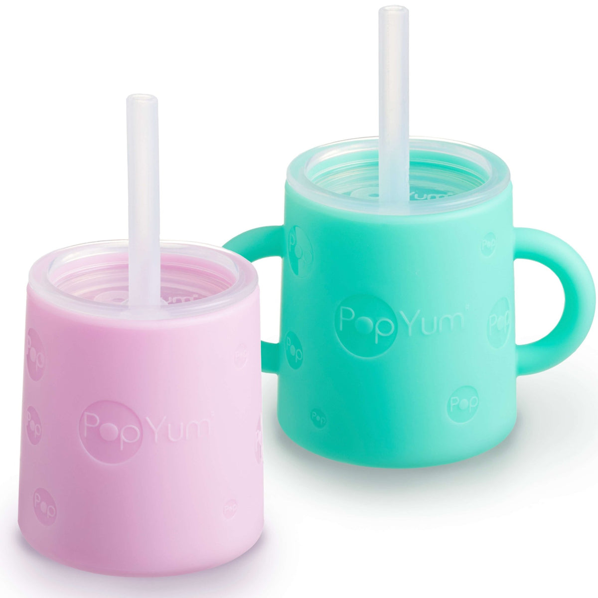 PopYum Silicone Training Cup with Straw + Lid, 2 - Pack for Baby, Infant and Toddler, Tumbler, Sippy, handles, 5 ounce (green, pink) - Shop Avnu