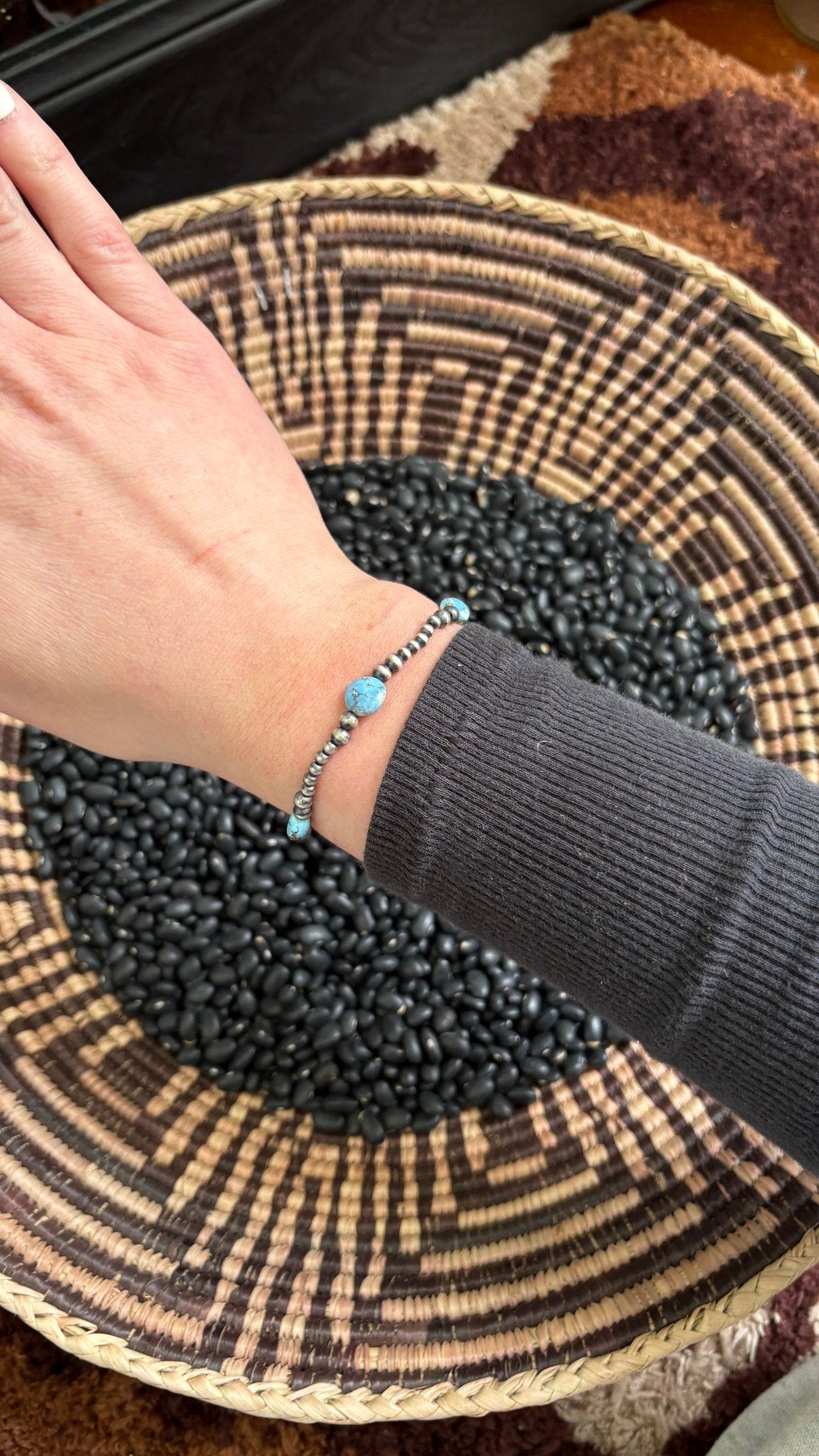 STERLING SILVER PEARL STRETCH BRACELET W GOLDEN HILLS TURQUOISE BEADS - Shop Avnu