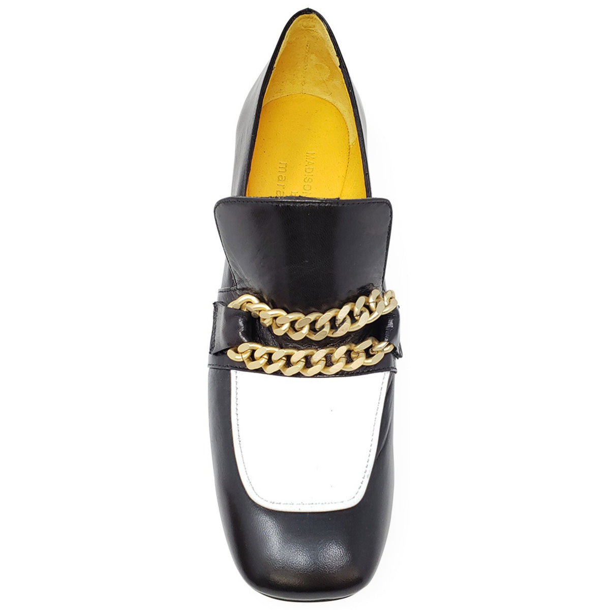 Black & White Leather Mid Heel Loafer W/Chain