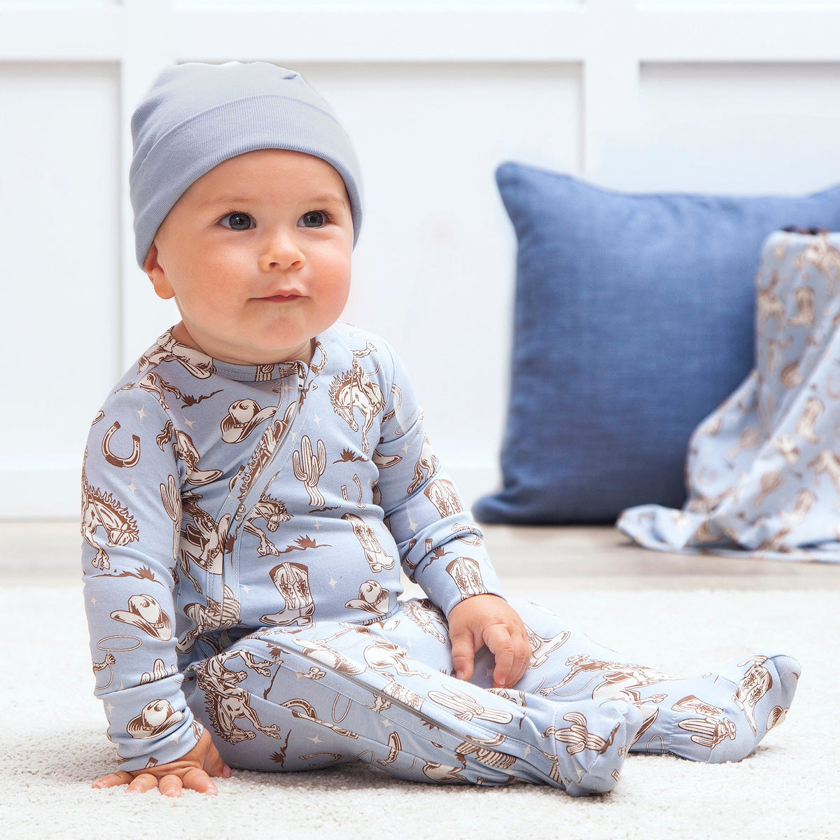 Wild Wrangler/Blue Western Baby Boy Bamboo Zipper Romper - Shop Avnu