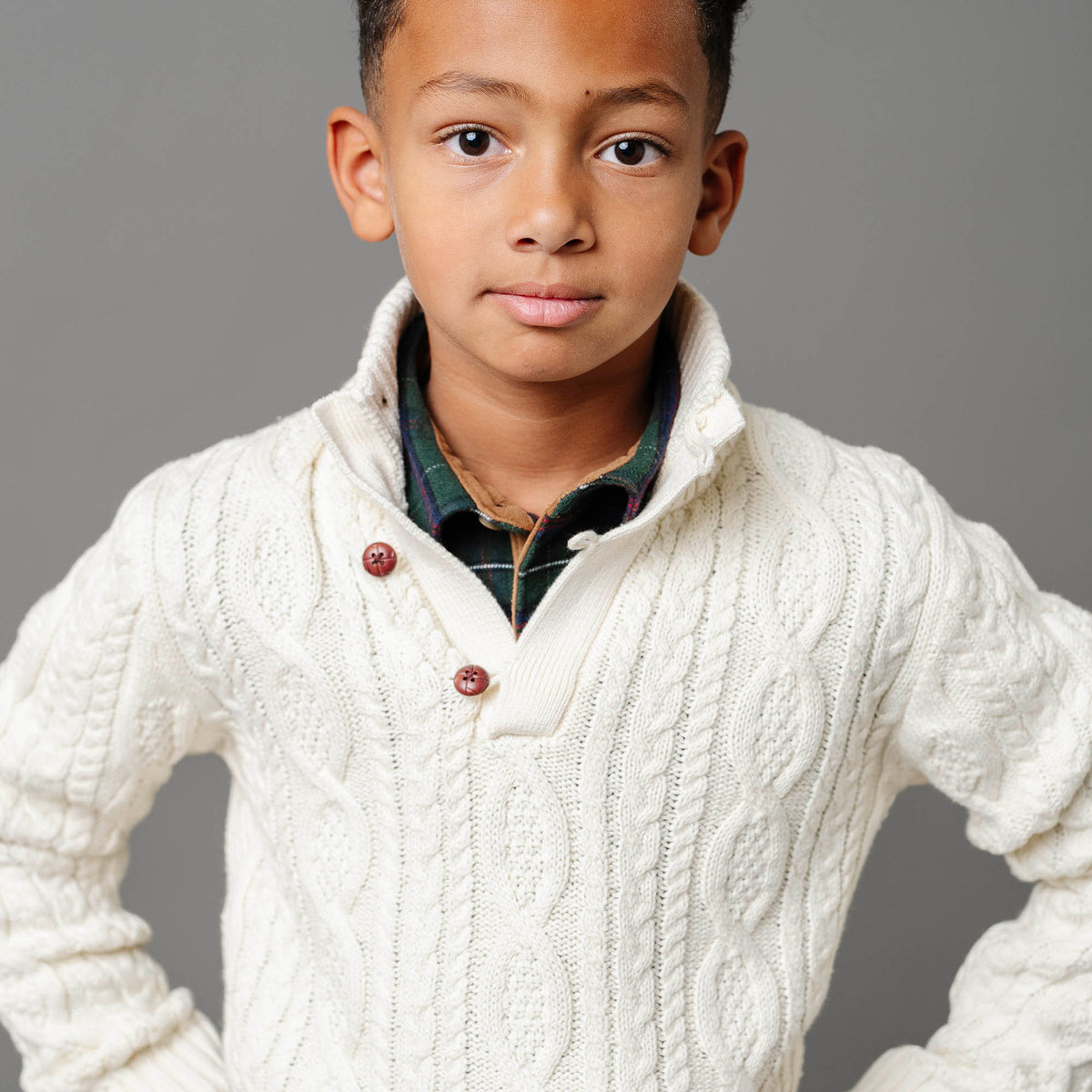Organic Mock Neck Cable Sweater with Buttons