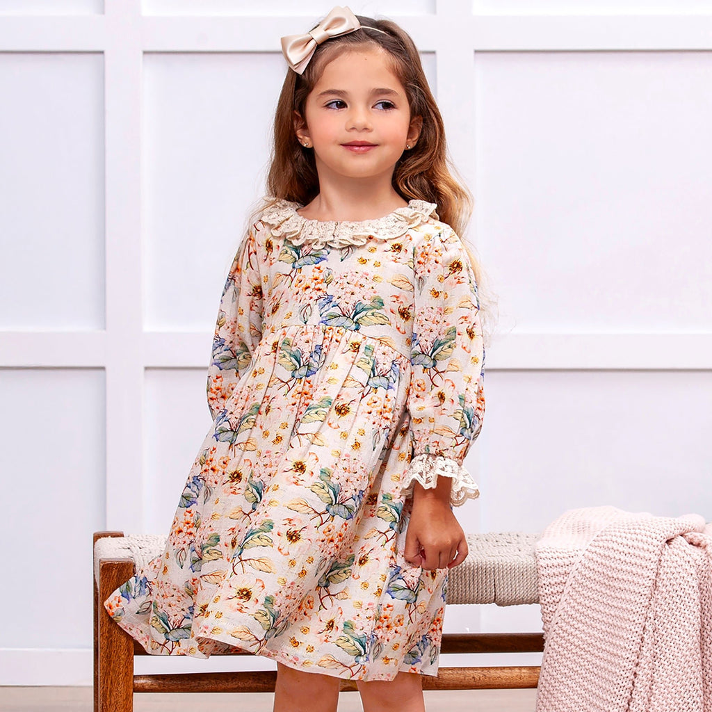 Vintage Floral Dress with Lace Collar Ruffles, Linen Blend - Shop Avnu
