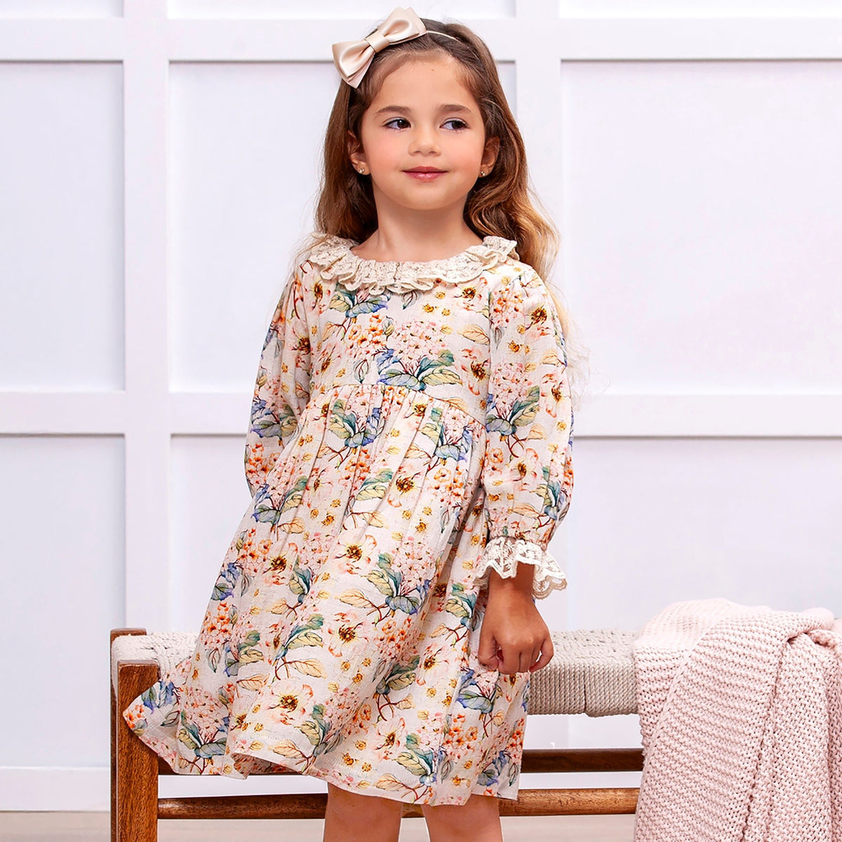 Vintage Floral Dress with Lace Collar Ruffles, Linen Blend - Shop Avnu