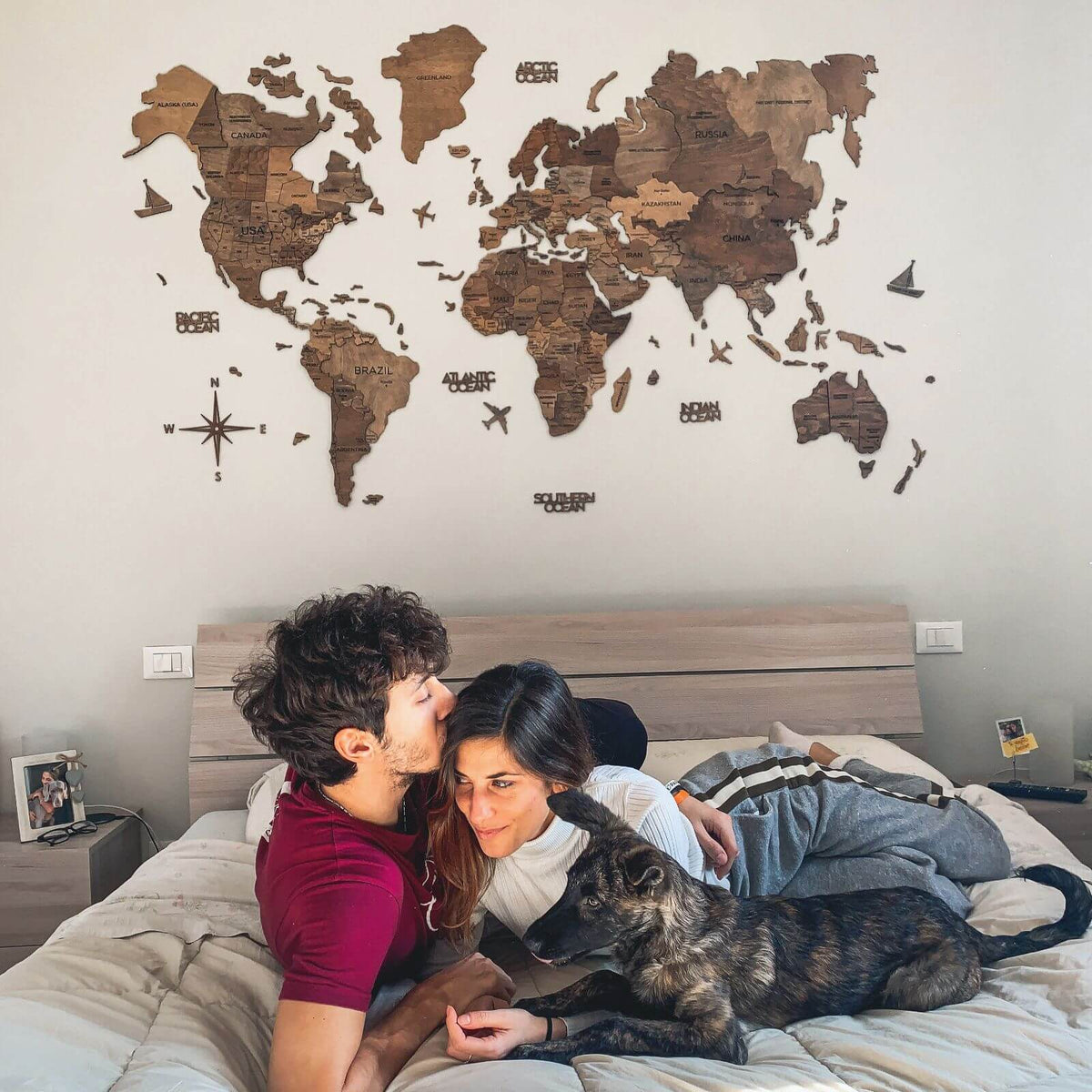 Wall Decor Bundle: 3D Wooden World Map with Flag Pins