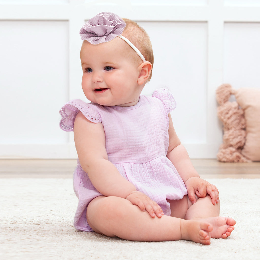 Lavendar Gauze Baby Bodysuit w/Eyelet Flutter Sleeves - Shop Avnu