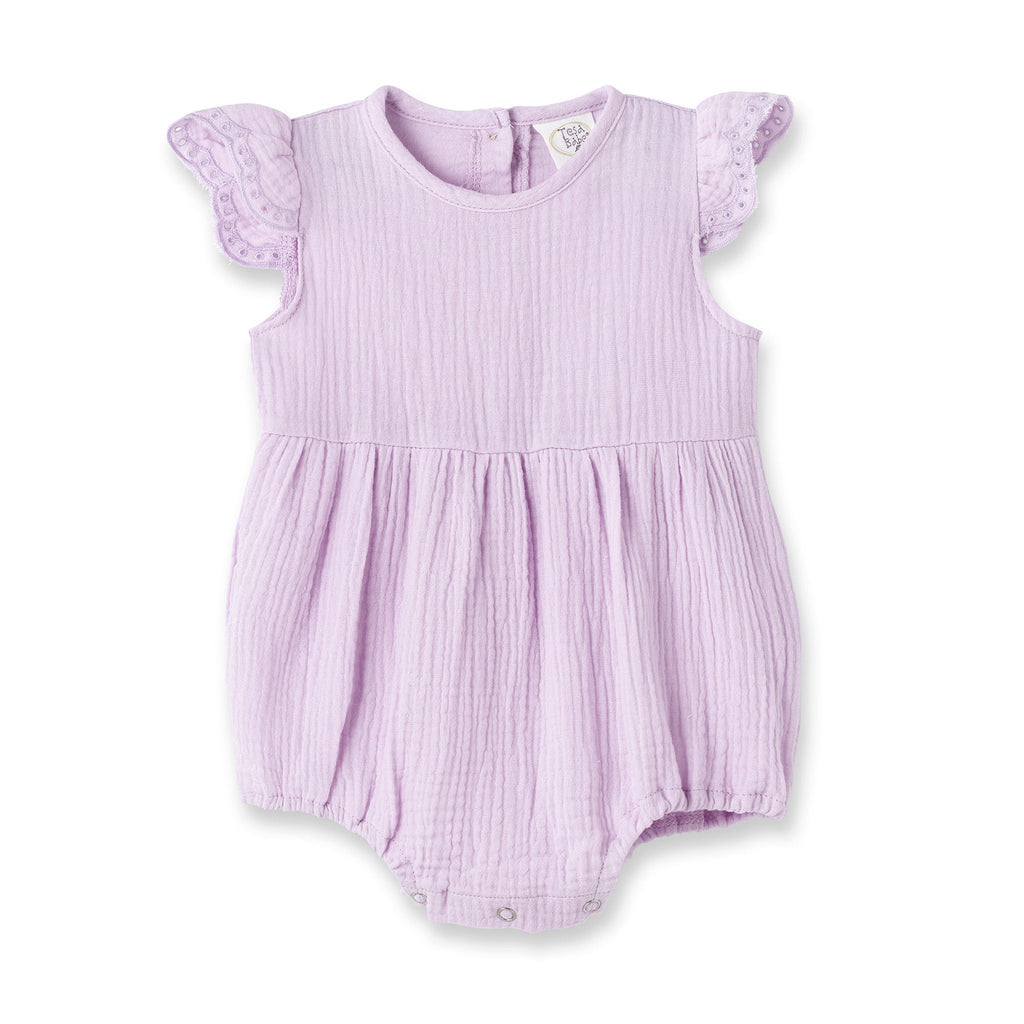 Lavendar Gauze Baby Bodysuit w/Eyelet Flutter Sleeves - Shop Avnu