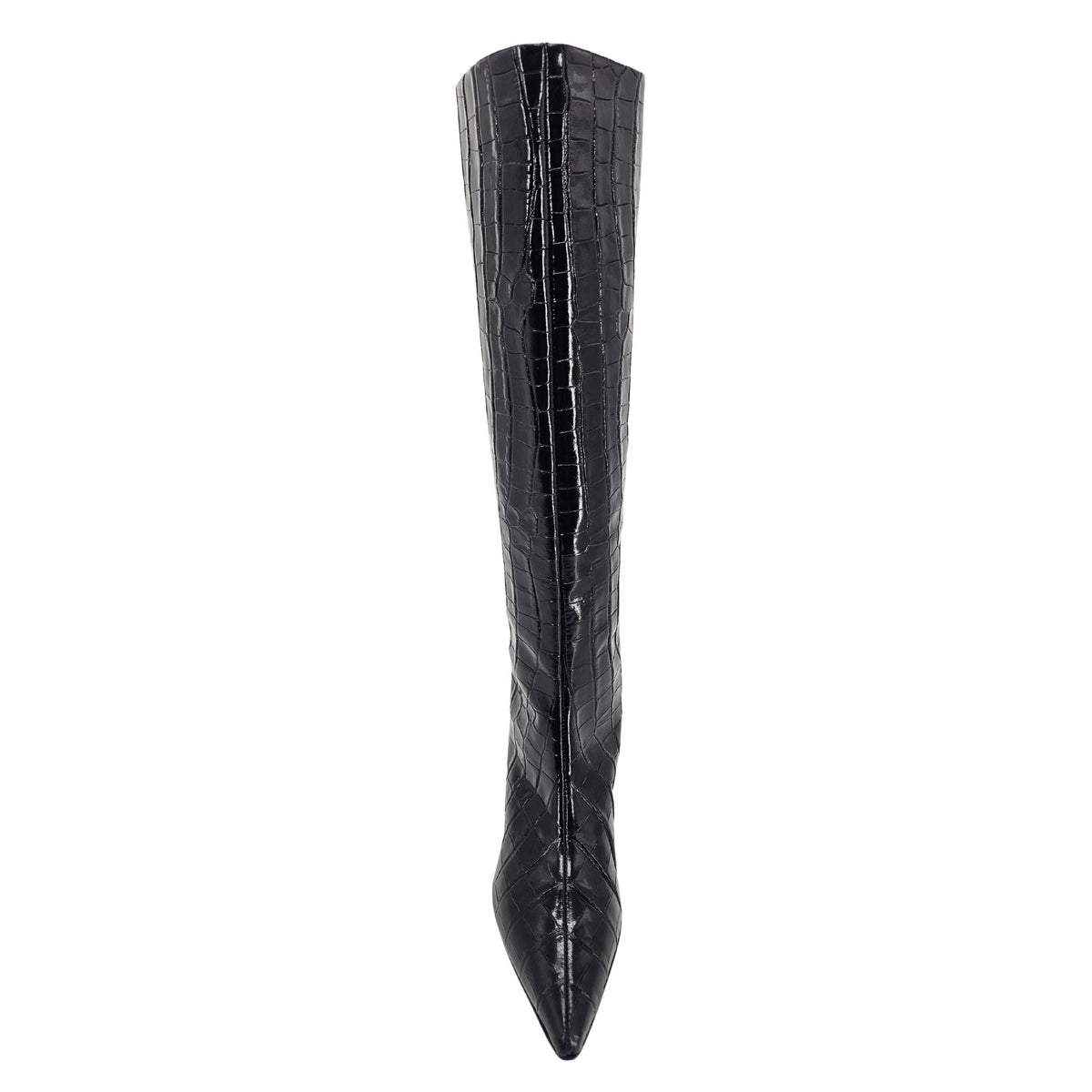 Black Tall Moc Croc Pointy Toe Kitten Heel Boot