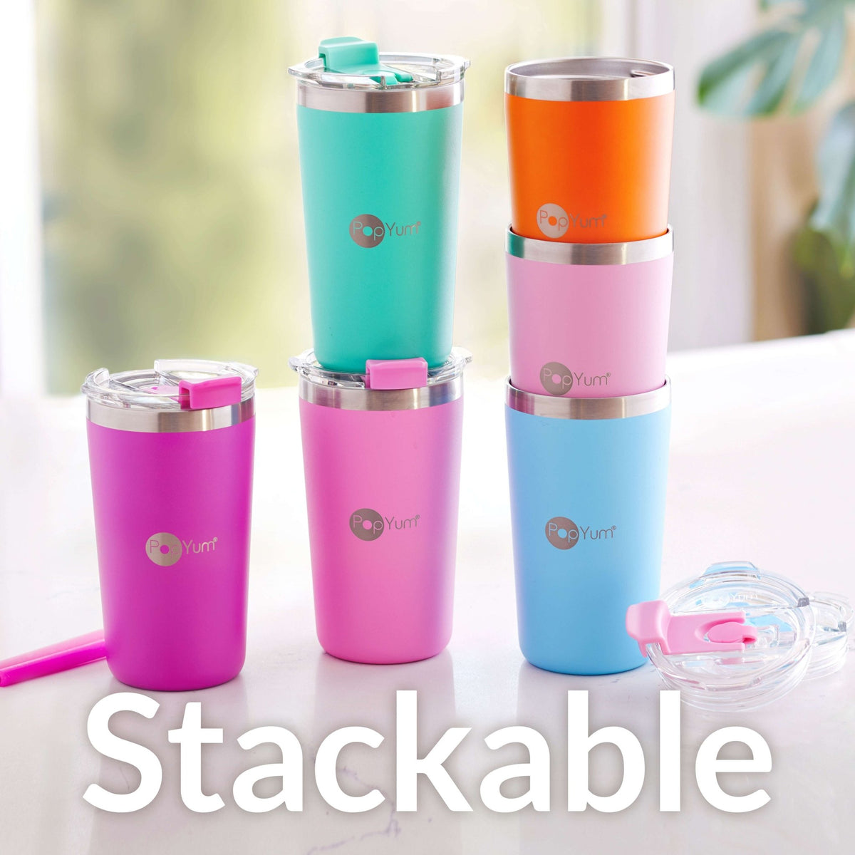 PopYum 13oz Insulated Stainless Steel Kids’ Cups with Lid and Straw, 2 - Pack, Purple & Pink, stackable, sippy, baby, child, toddler, tumbler - Shop Avnu