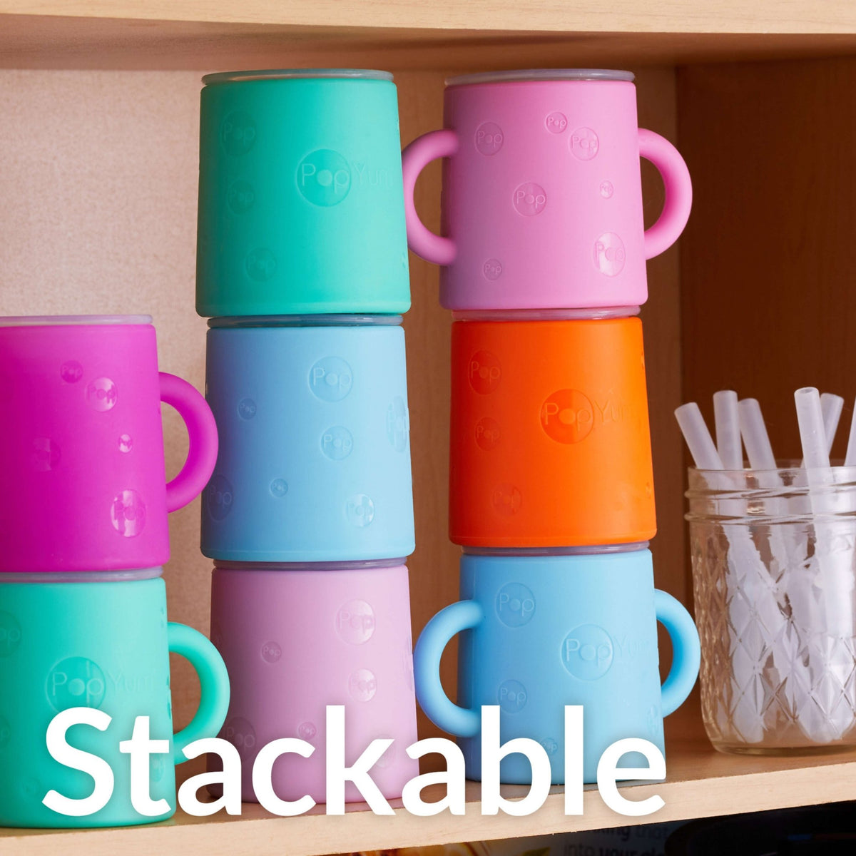 PopYum Silicone Training Cup with Straw + Lid, 2 - Pack for Baby, Infant and Toddler, Tumbler, Sippy, handles, 5 ounce (green, pink) - Shop Avnu