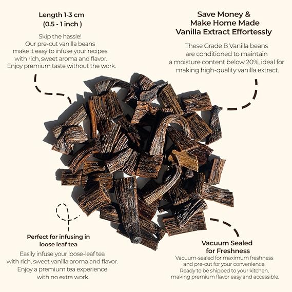 Premium Vanilla Bean Cuts - 1 lb. From Whole Vanilla Beans Grade B | Cut and Sorted for Easy Use