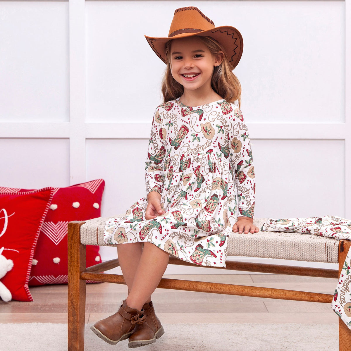 Western Christmas Girls Dress – Soft Bamboo Holiday Style - Shop Avnu