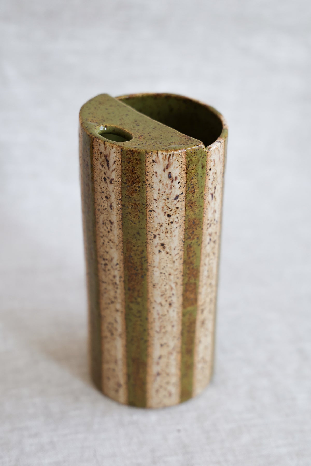 Olive and Neutral Striped Speckled Travel Mug, To Go Cup, On The Go Cup, Ceramic Travel Mug 14-16 oz.