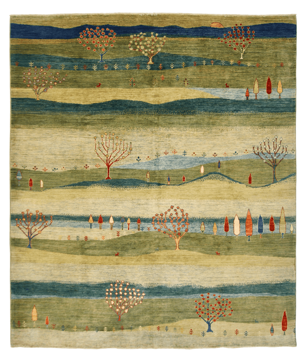 Scenic Afghan Gabbeh (8'02"x9'06") greens/blues