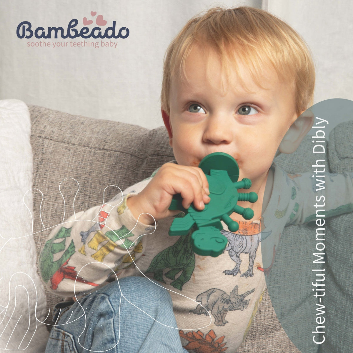 Dibly - Green - Baltic Amber & Natural Rubber Dinosaur Teether with Toothbrush Tail - Shop Avnu