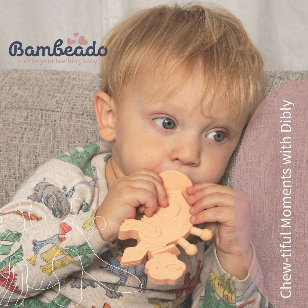 Dibly - Pink - Baltic Amber & Natural Rubber Dinosaur Teether with Toothbrush Tail - Shop Avnu