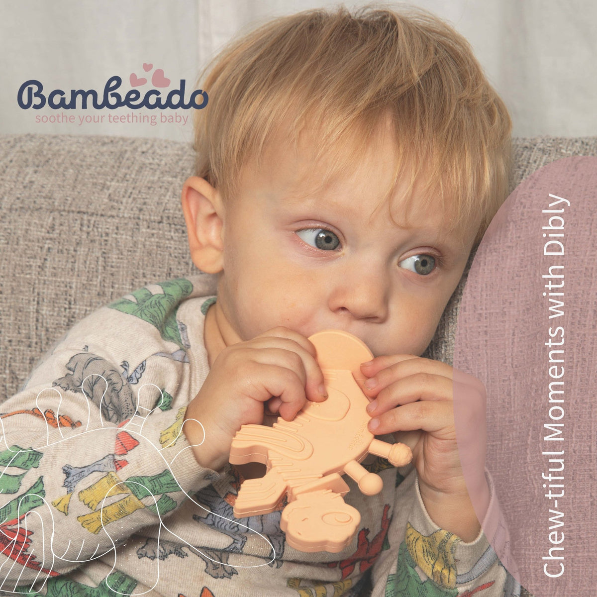Dibly - Pink - Baltic Amber & Natural Rubber Dinosaur Teether with Toothbrush Tail - Shop Avnu