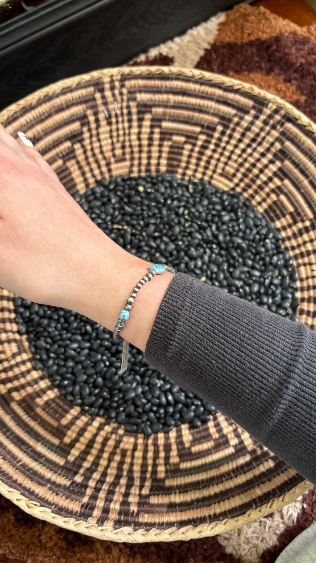 STERLING SILVER PEARL STRETCH BRACELET W GOLDEN HILLS TURQUOISE BEADS - Shop Avnu