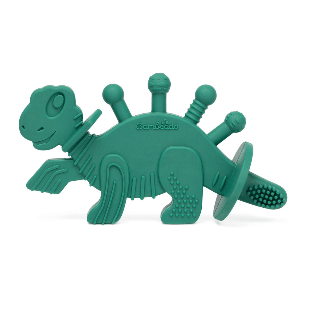 Dibly - Green - Baltic Amber & Natural Rubber Dinosaur Teether with Toothbrush Tail - Shop Avnu