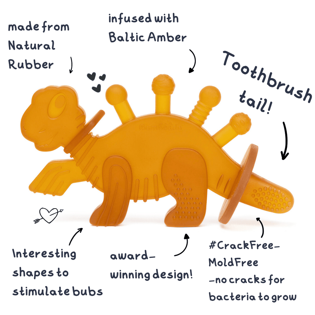 Dibly Amber - Baltic Amber & Natural Rubber Dinosaur Teether with Toothbrush Tail - Shop Avnu