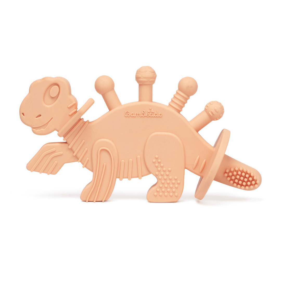 Dibly - Pink - Baltic Amber & Natural Rubber Dinosaur Teether with Toothbrush Tail - Shop Avnu