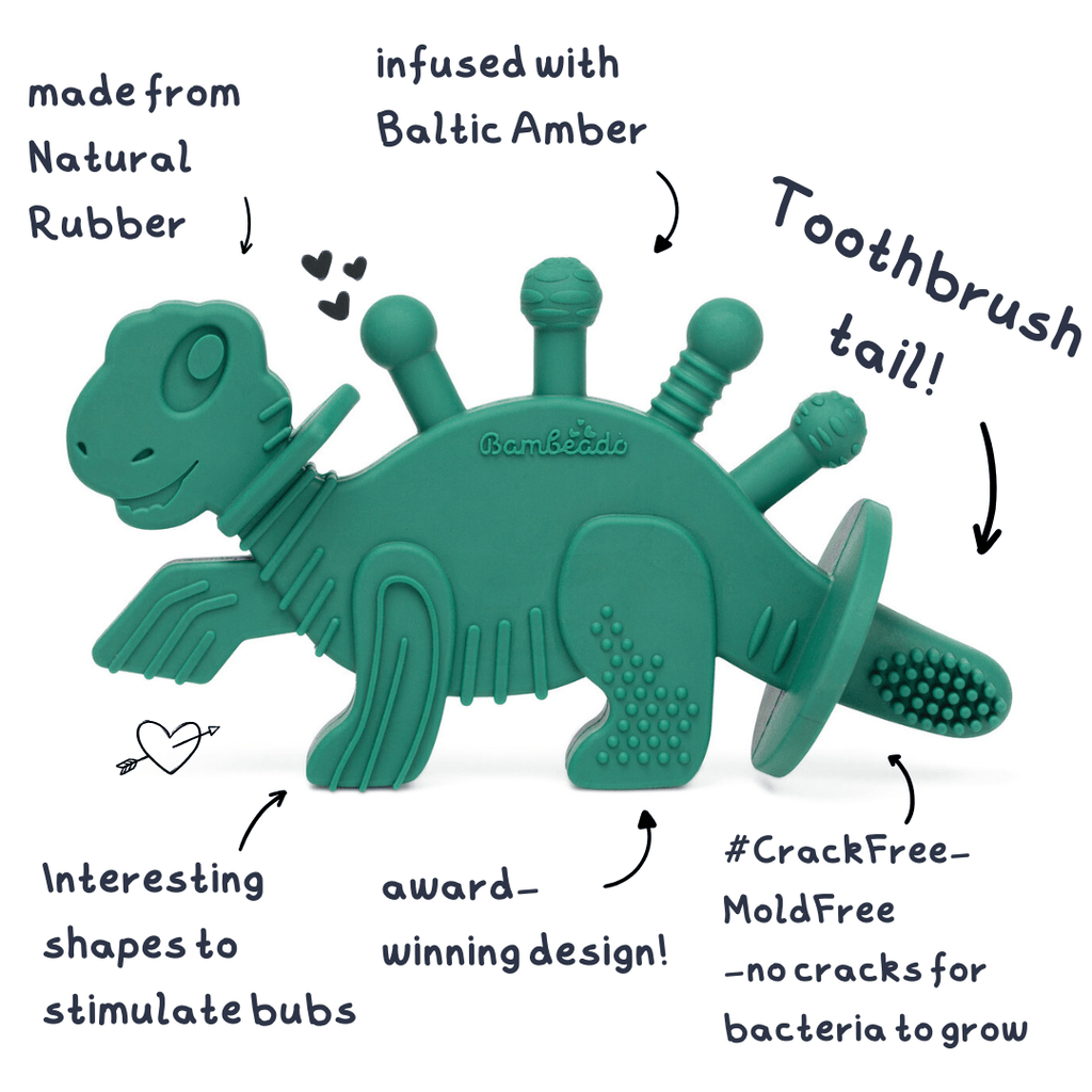 Dibly - Green - Baltic Amber & Natural Rubber Dinosaur Teether with Toothbrush Tail - Shop Avnu