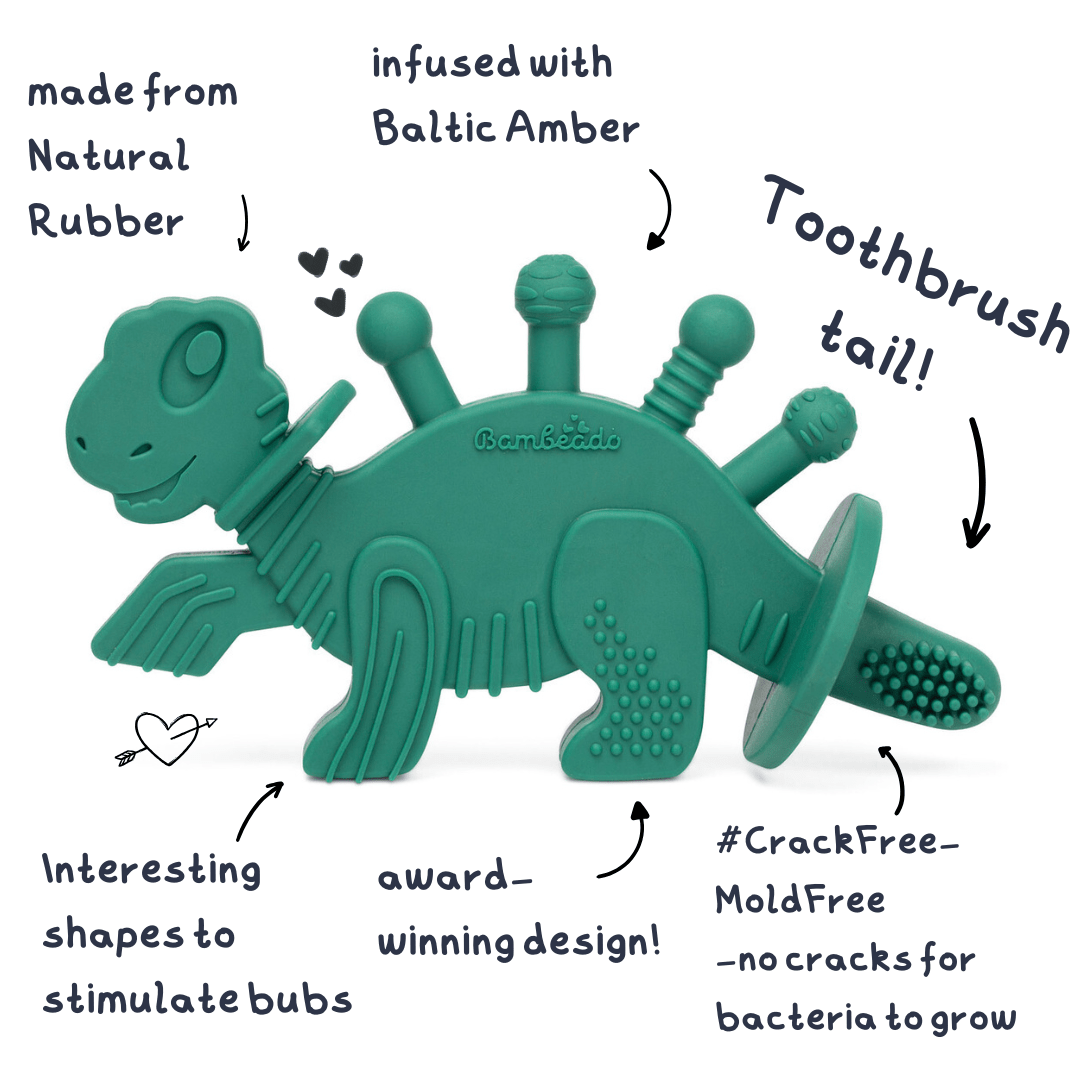Dibly - Green - Baltic Amber & Natural Rubber Dinosaur Teether with Toothbrush Tail - Shop Avnu