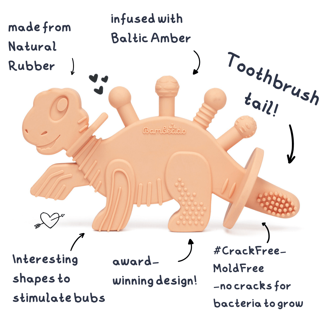 Dibly - Pink - Baltic Amber & Natural Rubber Dinosaur Teether with Toothbrush Tail - Shop Avnu