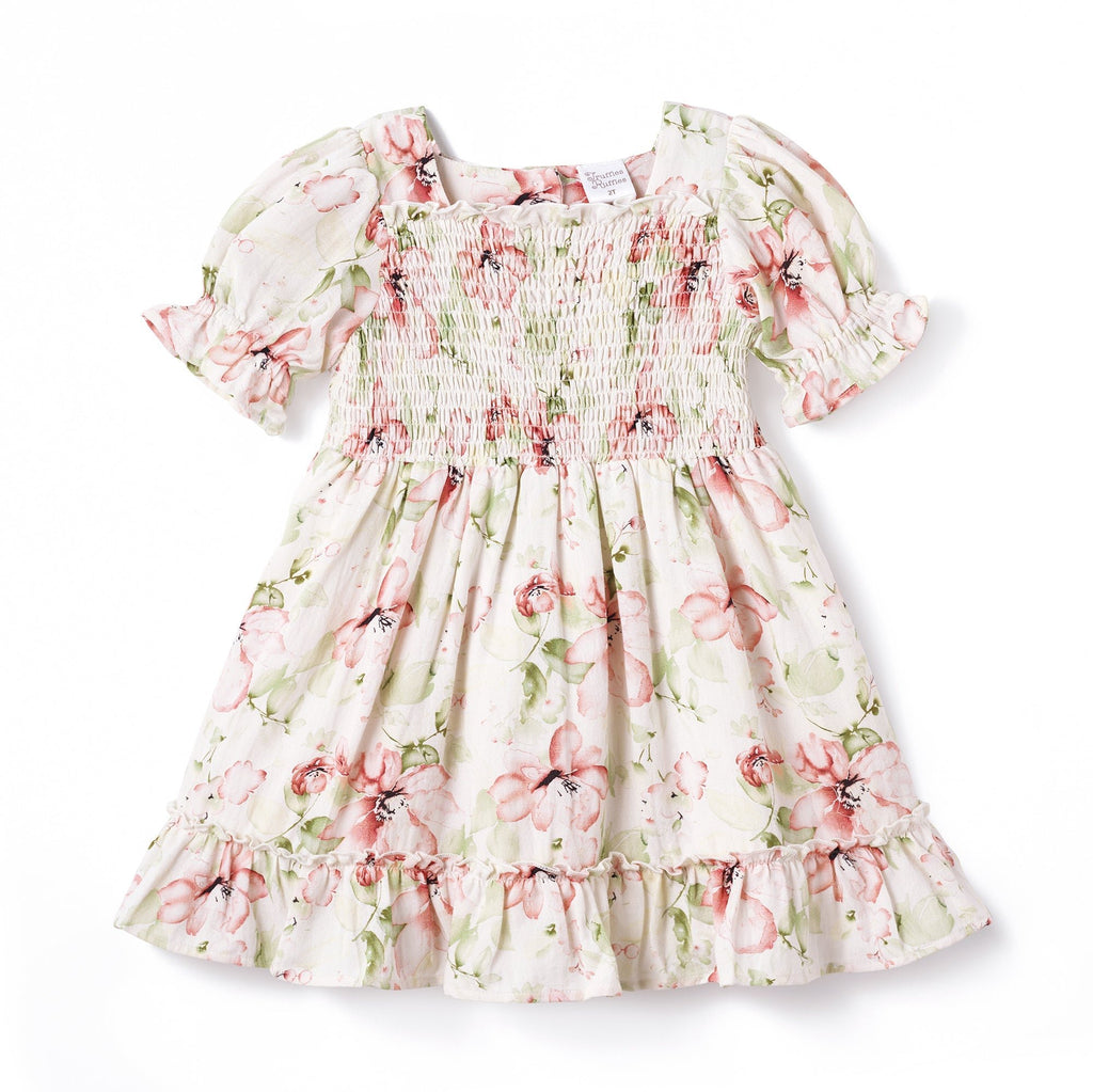 Blush Bouquet Smocked Bodice Puff Sleeve Dress - Shop Avnu