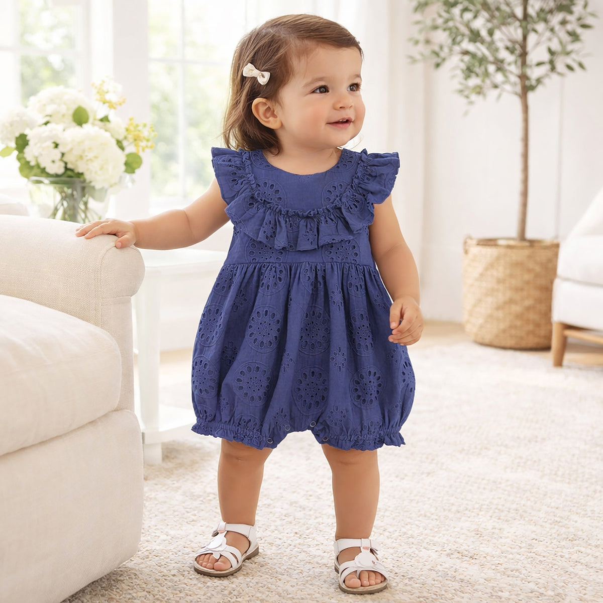 Baby Eyelet Romper Blue Cotton Ruffle One - Piece for Girls - Shop Avnu