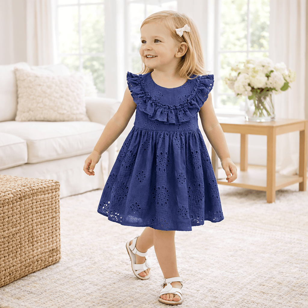 Girls' Eyelet Ruffle Dress - Cotton Blue Embroidered - Shop Avnu